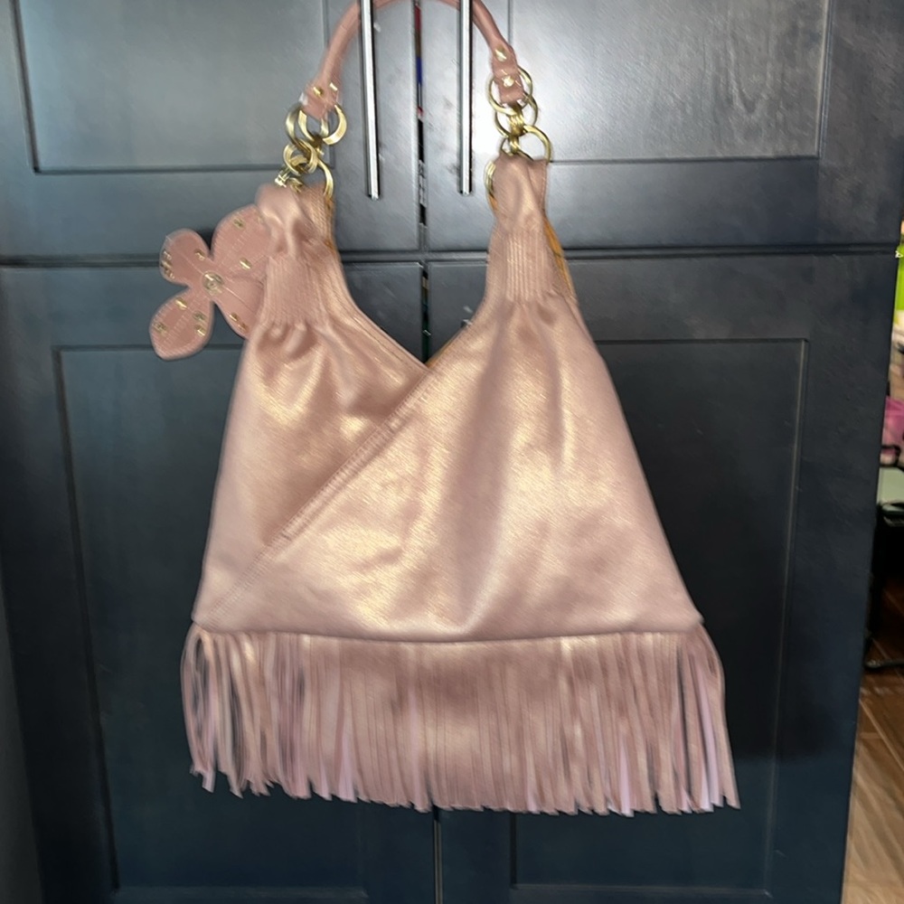 Rampage Sparkly Mauve Fringe Women's Bag Snap closure. 16x13 Gold hardware